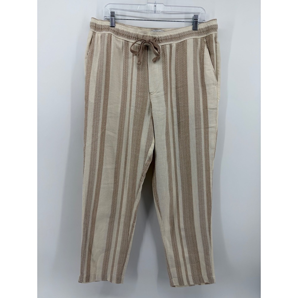 Zara Womens XL Tan Cream Striped Textured Drawstring Tapered Pants